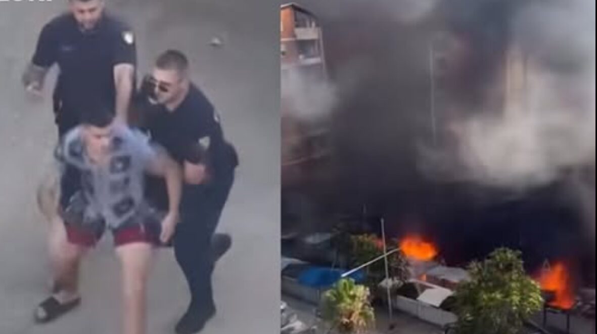 I riu tenton të hyjë mes zjarrit në Durrës për të shpëtuar rrobat e biznesit, policia nuk e lejon (Video)